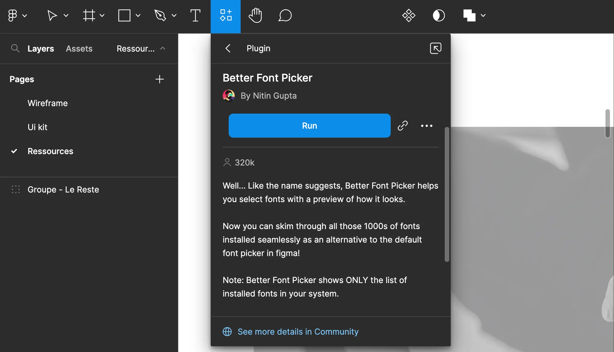 Figma with the overview of the plugin "better font picker" open, ready to run