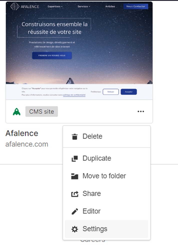 site settings dans Webflow