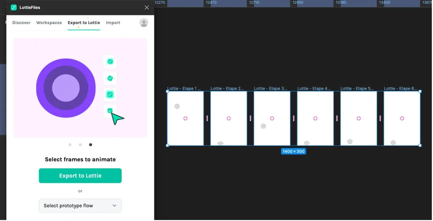 the frames of the ball falling in figma selected together with the lottie plugin launched and ready to create the animation