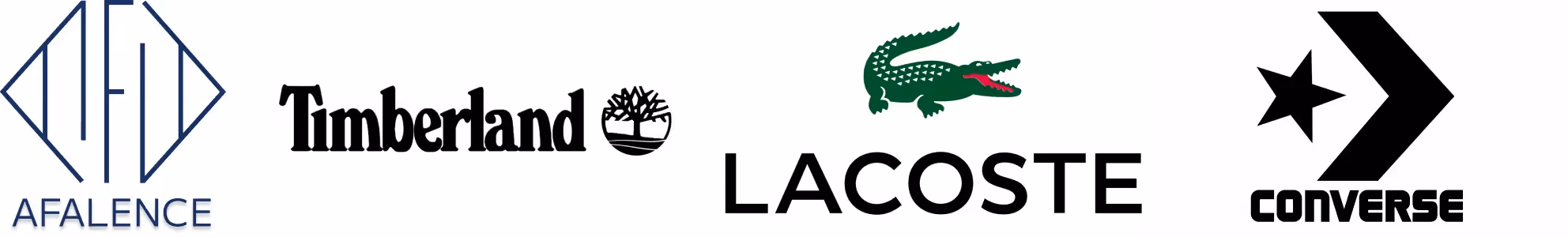 Logos of AFALENCE, Timberland, Lacoste and Converse