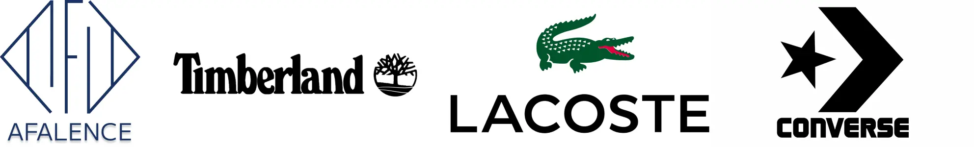 Logos of AFALENCE, Timberland, Lacoste and Converse