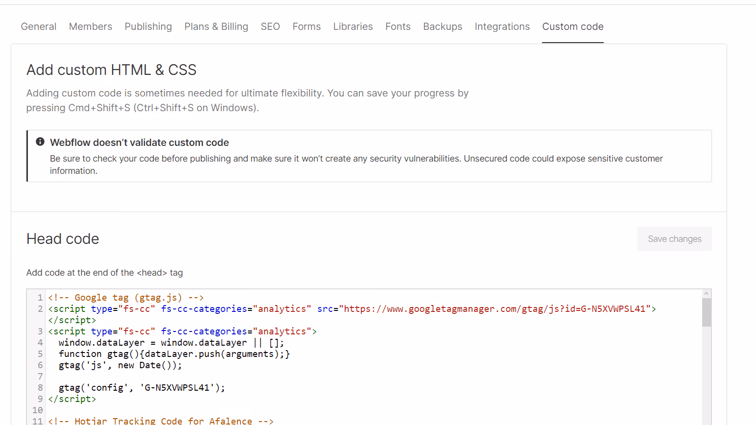 Custom code in webflow project