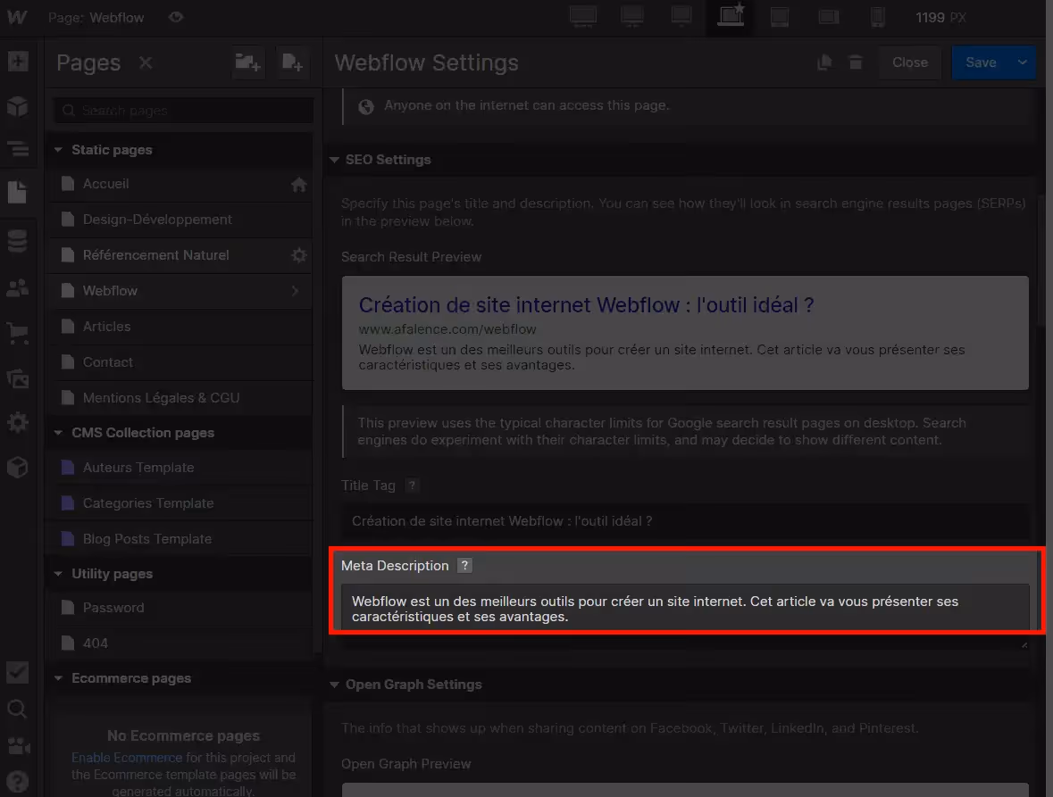 meta descriptio in webflow's designer