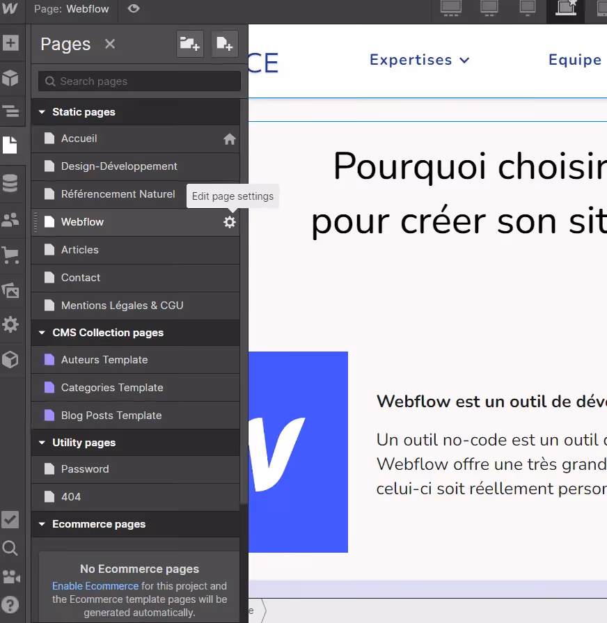 edit page settigns in webflow's designer