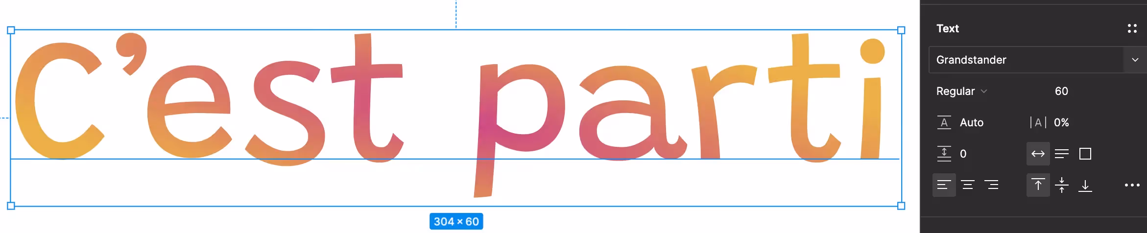 test in figma with "c'est parti" / "let's go" written with bright colors and figma's text interface on the right