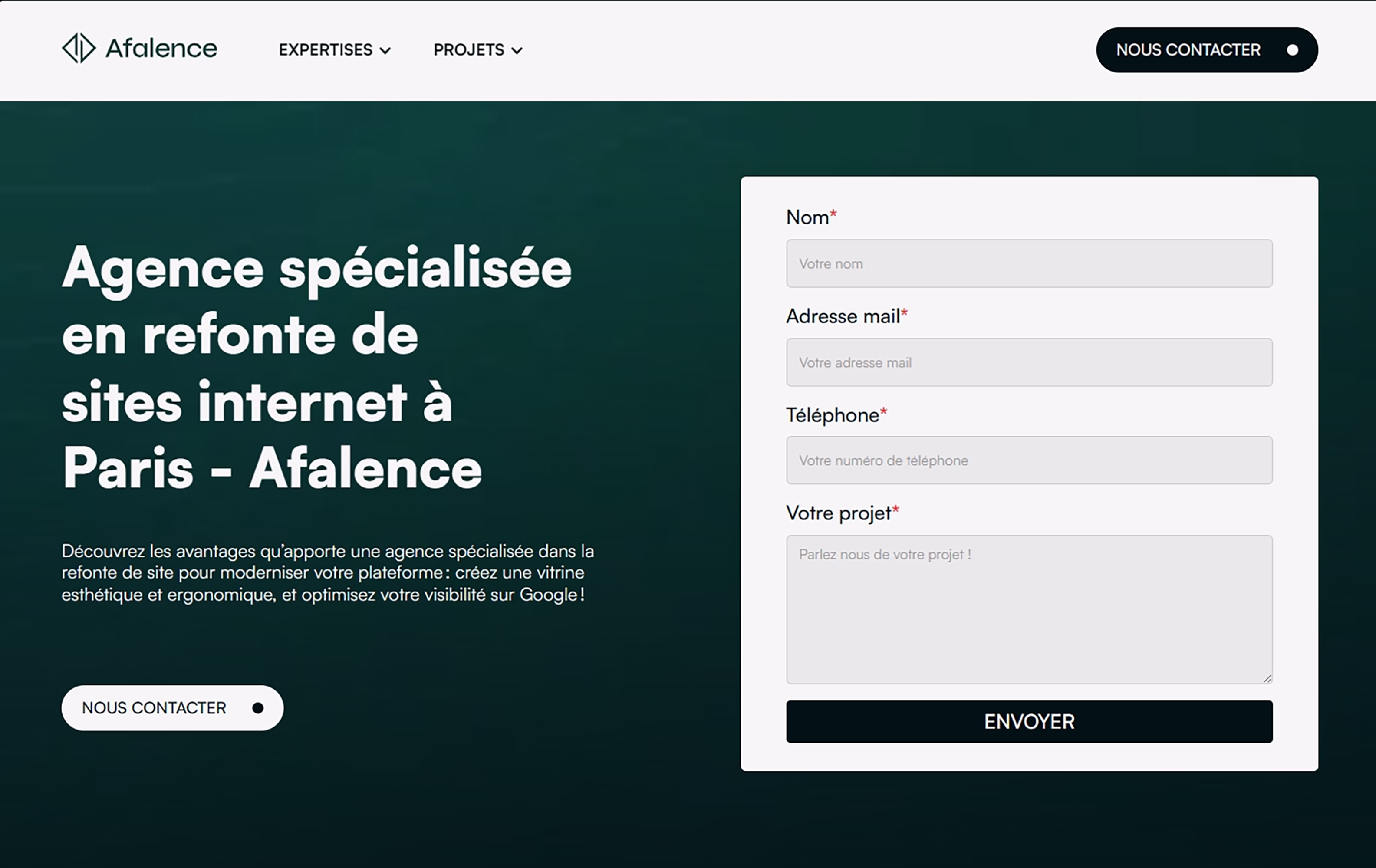 La page d'atterrissage du site d'Afalence