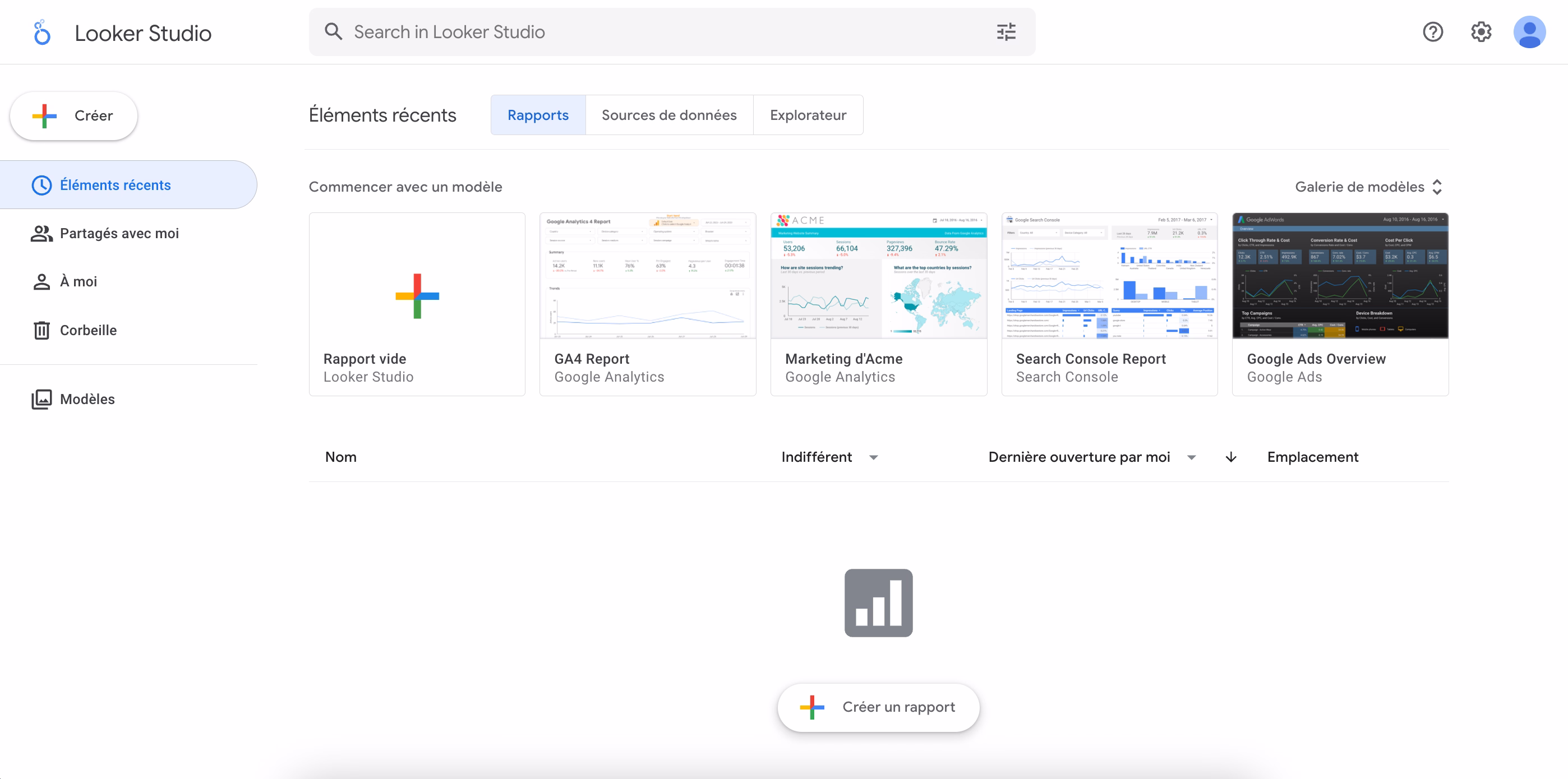 Un onglet ouvert sur des templates de reporting dans Looker Studio