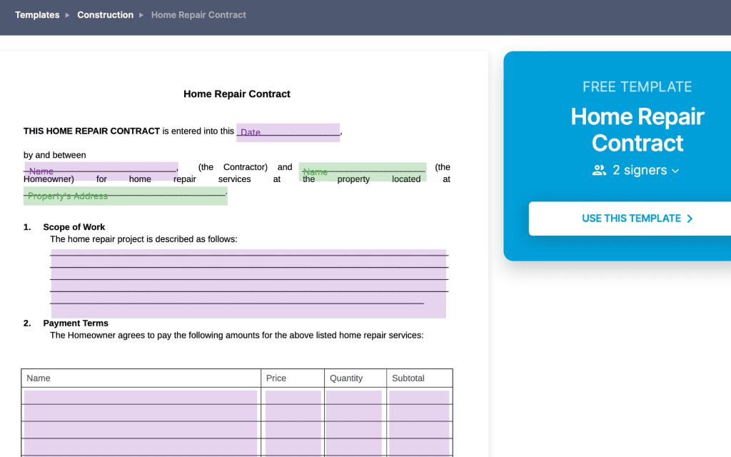home repair contract examples Fill