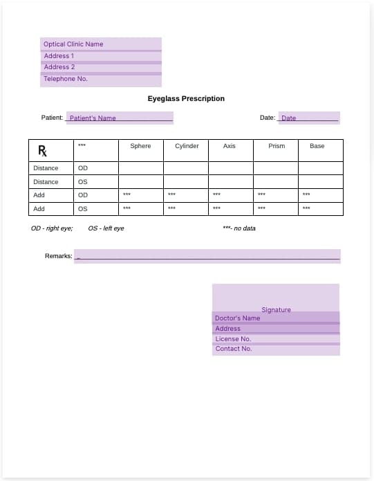 eyeglass prescription template