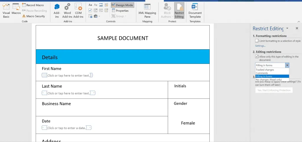 restrict editing for fillable forms ms word
