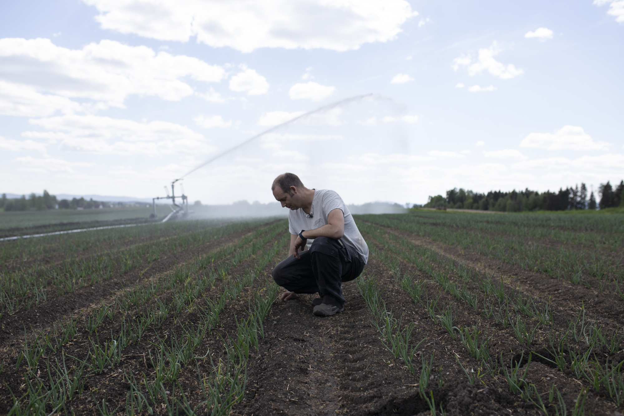 Mann sitter på et jorde