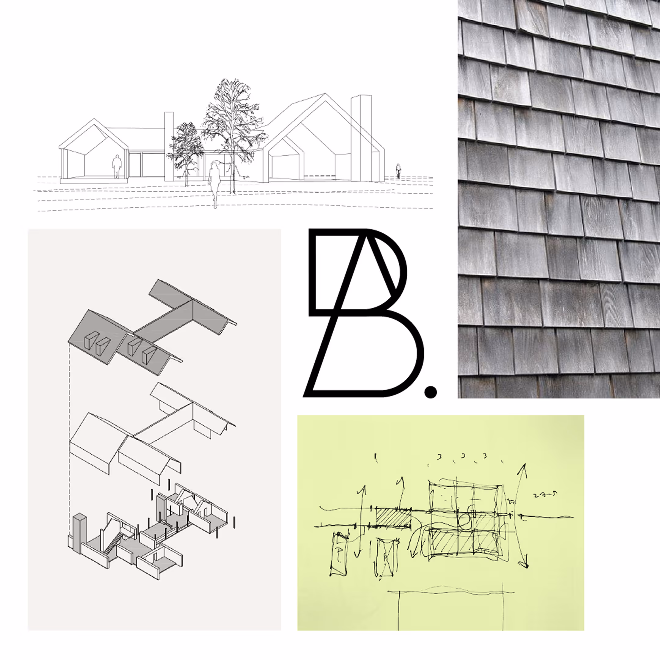 Arkitektoniske tegninger af et hus inkludert opdelte 3D-sektioner, en skitse, tæt billede af træshingles og et logo med bogstaverne D og B.