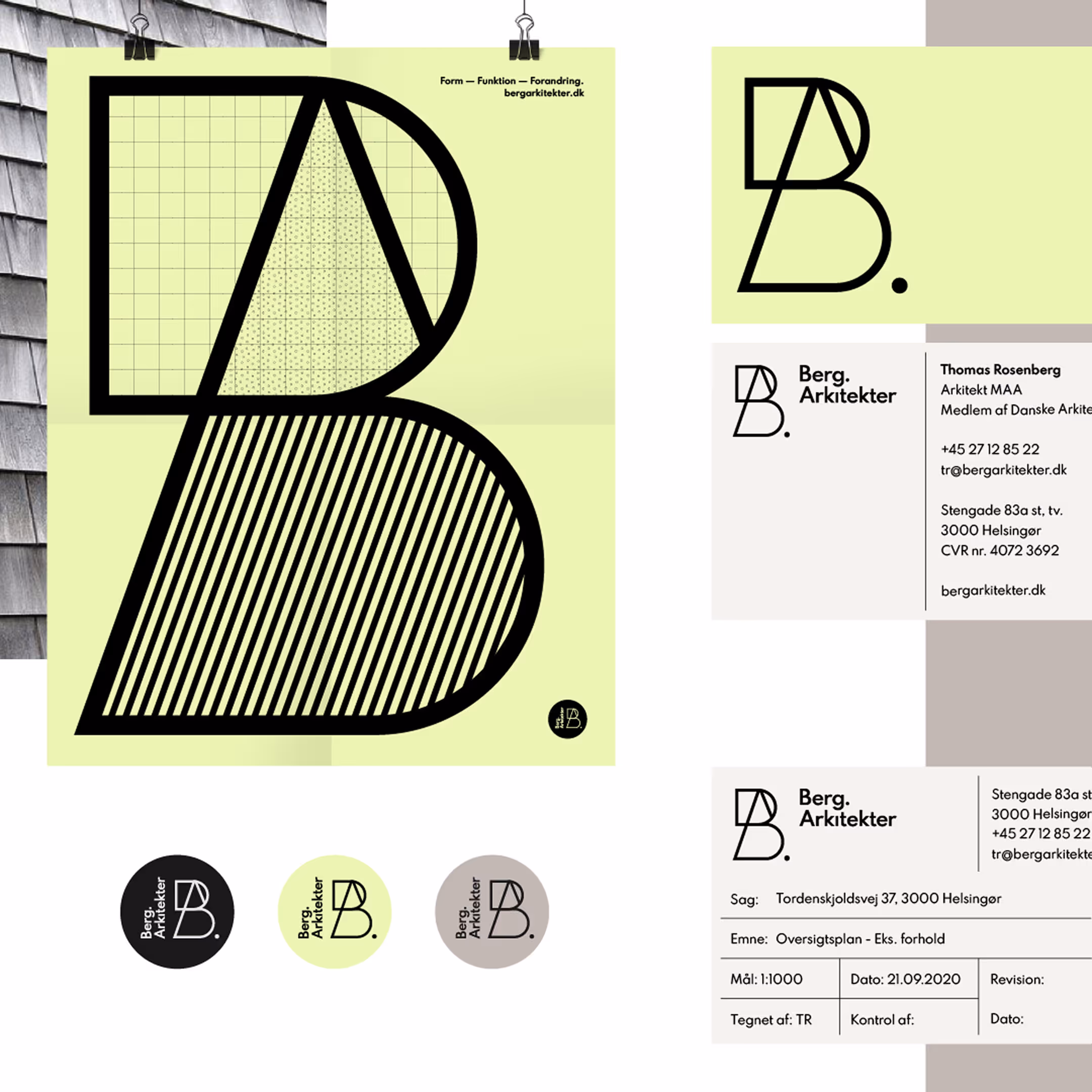 Grafisk logo og brandidentitet for Berg Arkitekter med geometriske former og kontaktoplysninger.