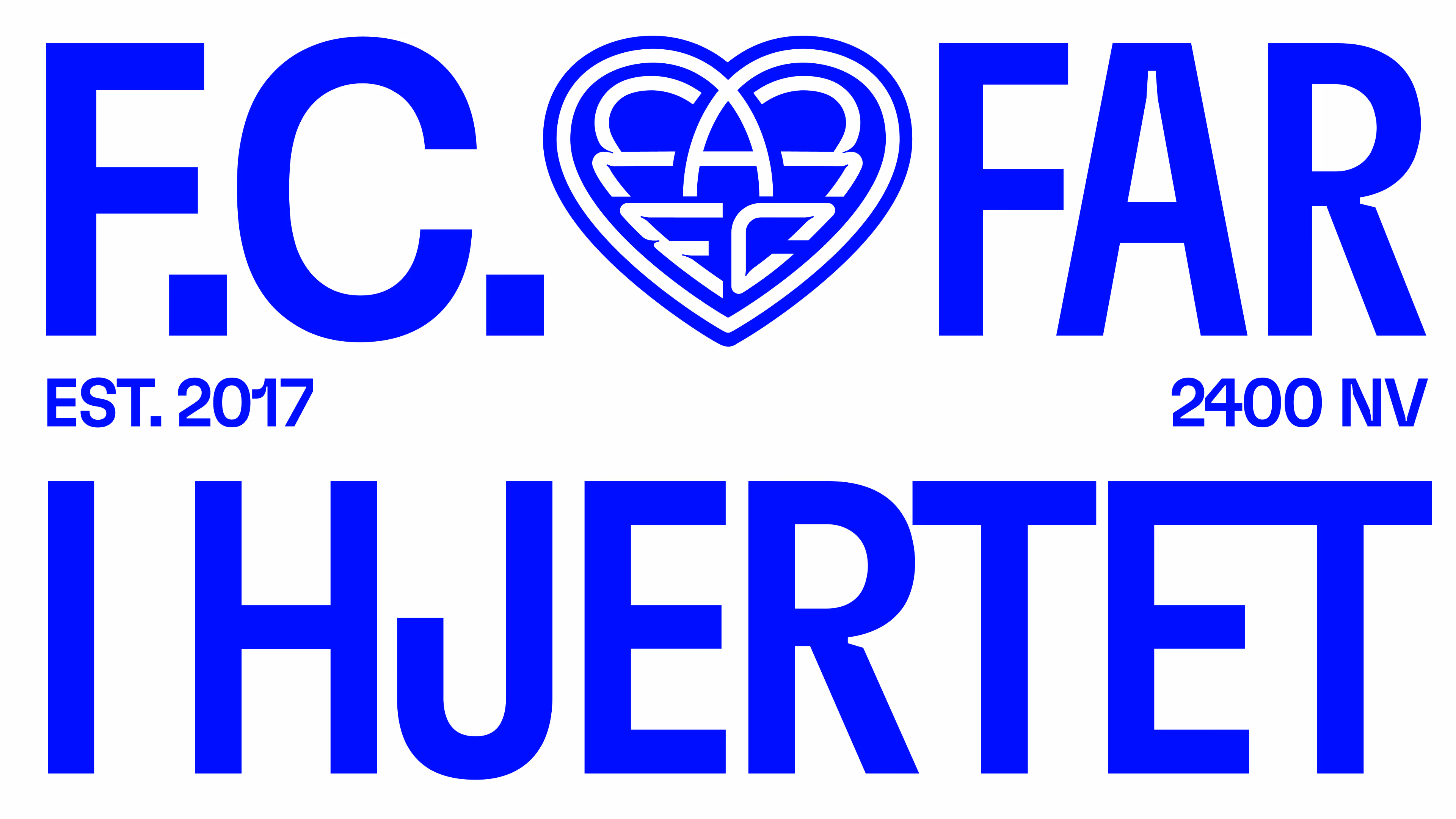 FC Far I Hjertet logo in blue, featuring a stylized heart with intertwined letters A and F, established 2017 with postal code 2400 NV.