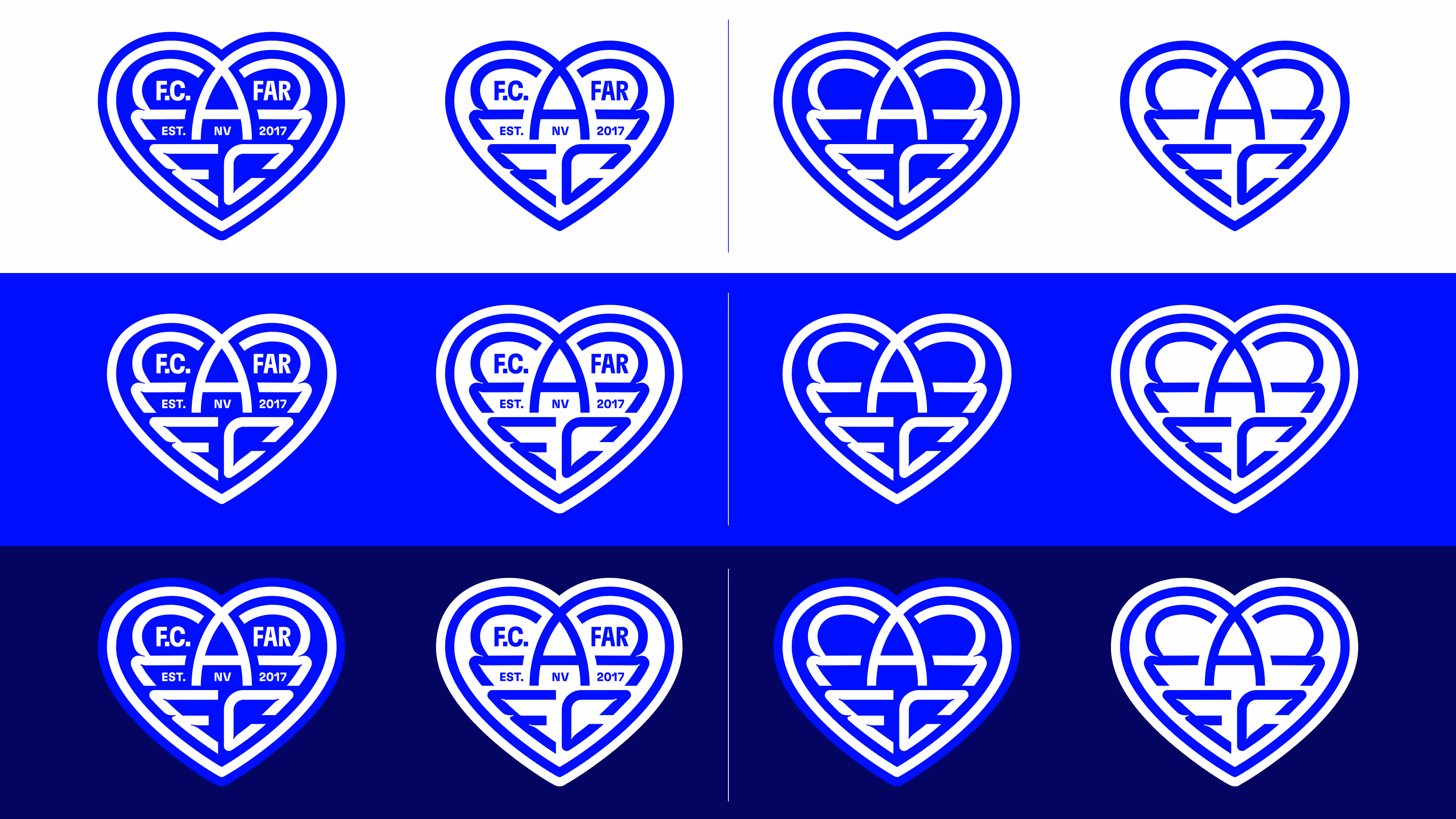 Fire FC logo variations with a heart shape and the text F.C. FAR, EST. NV 2017, shown in blue and white on different background colors.