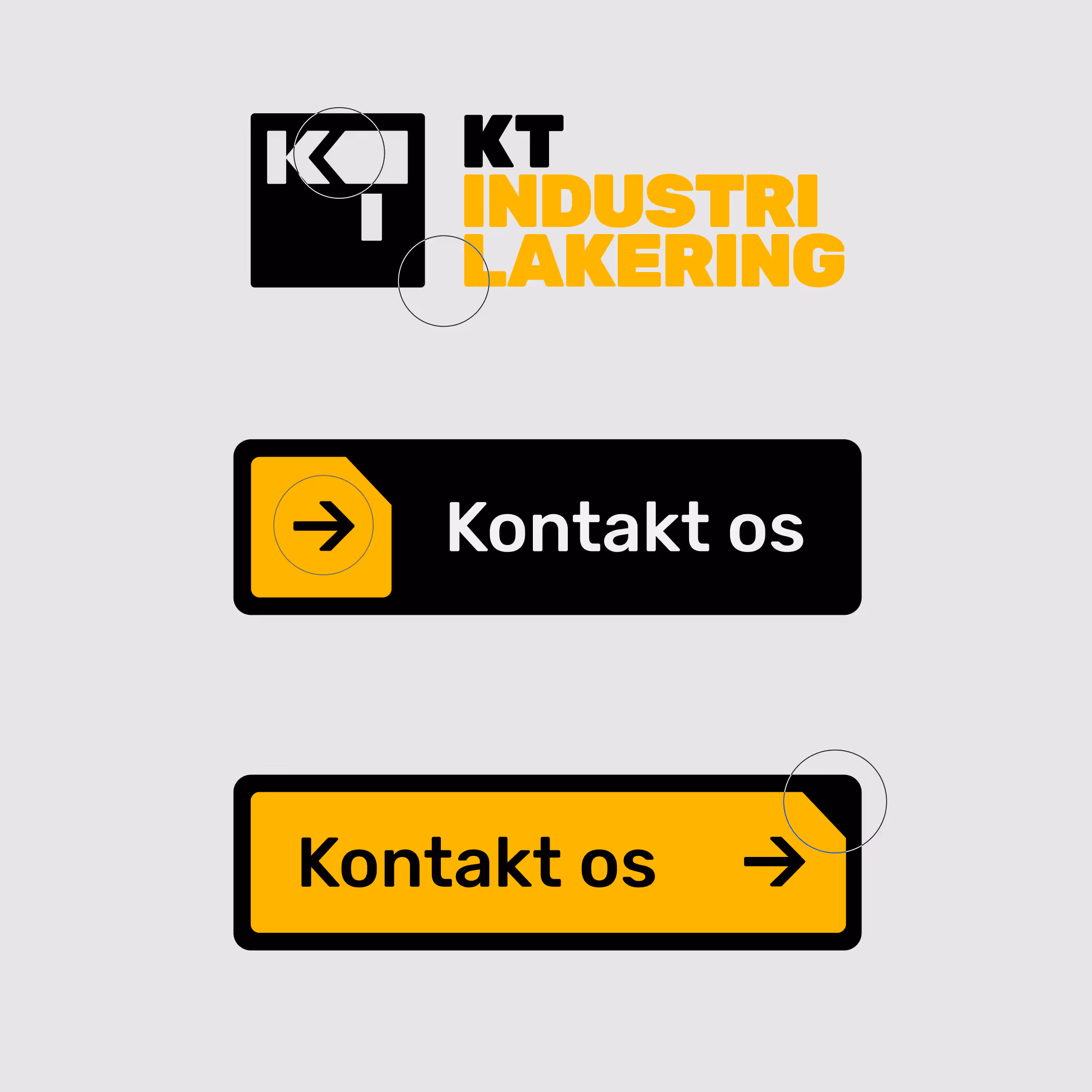 Logo for KT Industri Lakering and two contact buttons labeled 'Kontakt os' with arrows, one black with yellow accent and one yellow with black border.