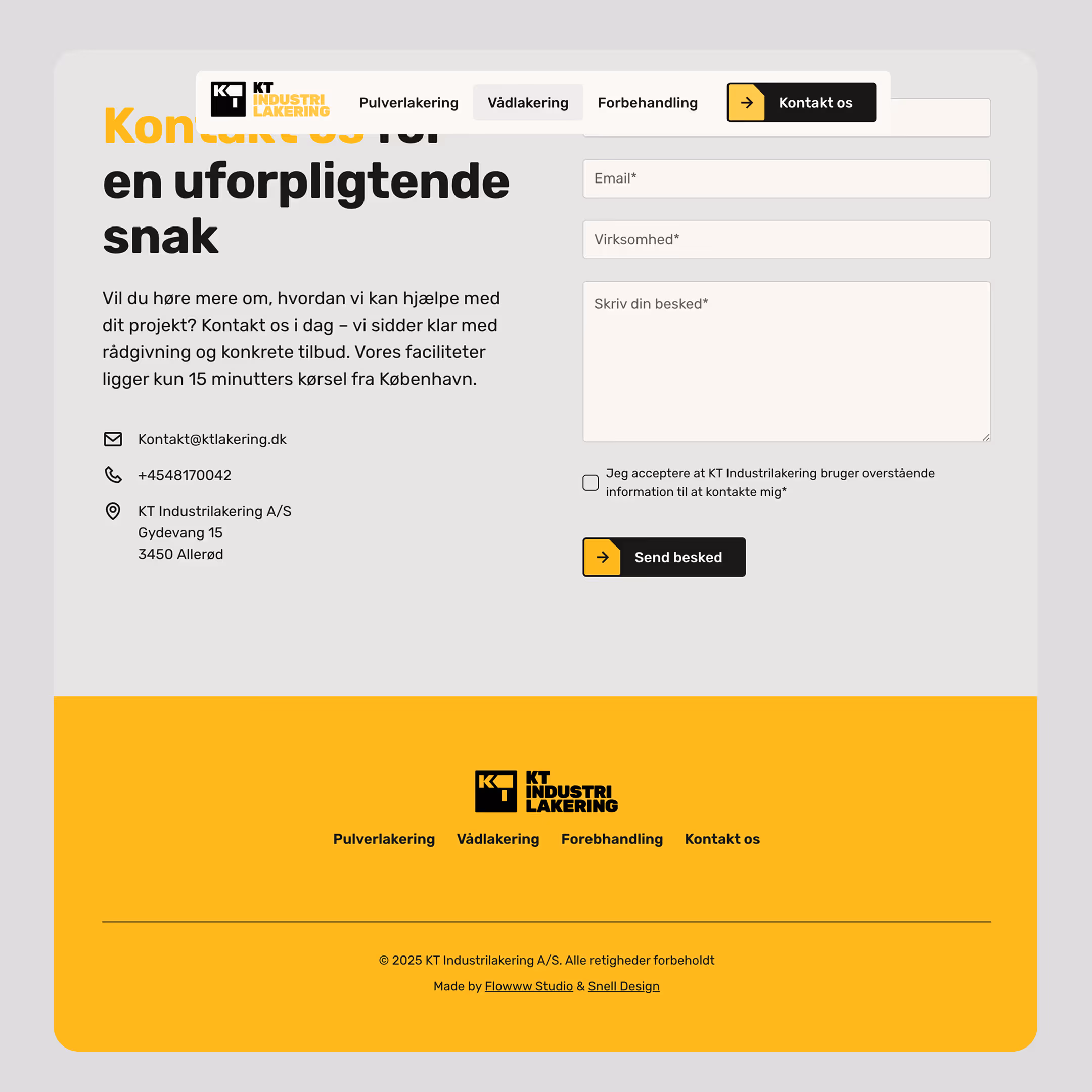 Kontaktformular på dansk side for KT Industrilakering med felter til email, virksomhed og besked, tlf.nr. +4548170042 og adresse i Allerød.