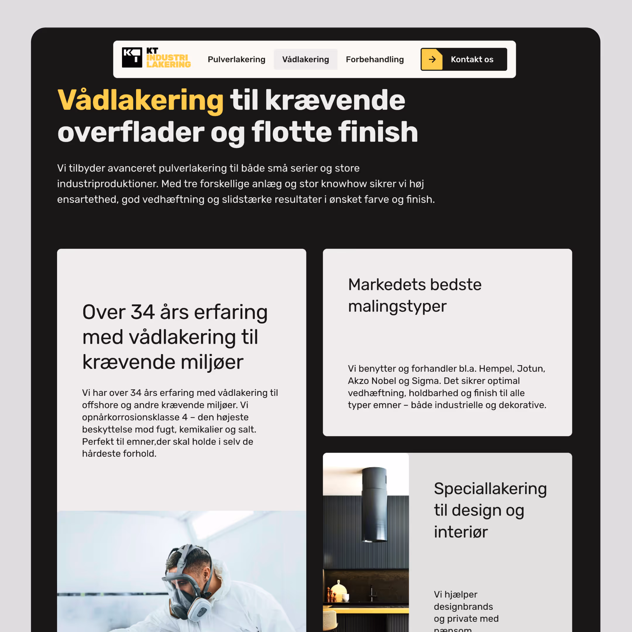 Webside med titlen 'Vådlakering til krævende overflader og flotte finish' og sektioner om erfaring, malings typer og speciallakering med billeder af en person i beskyttelsesudstyr og et moderne køkkeninteriør.