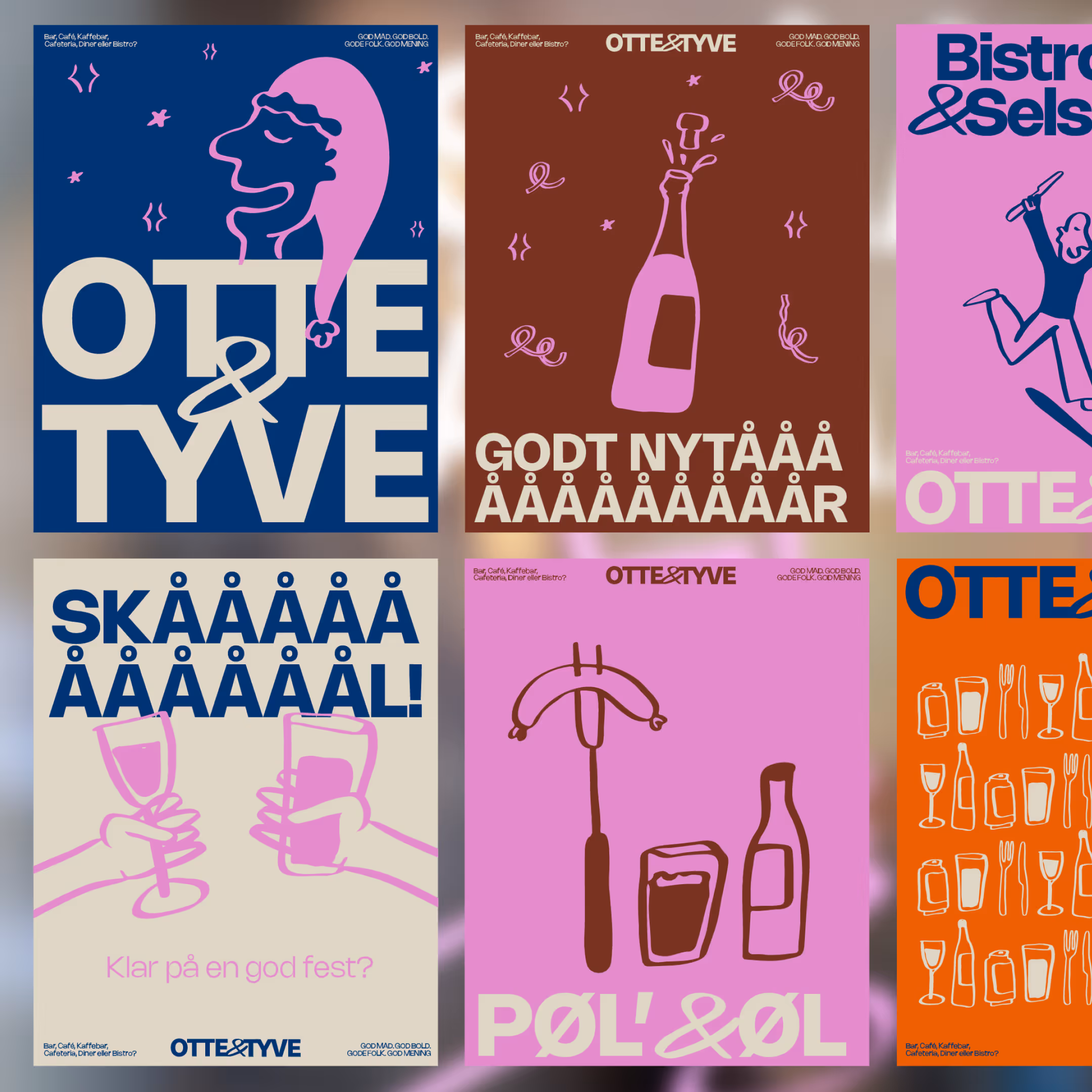 Seks farverige plakater med illustrationer af mad- og drikkevarer og festlige tekster på dansk fra Otte & Tyve.