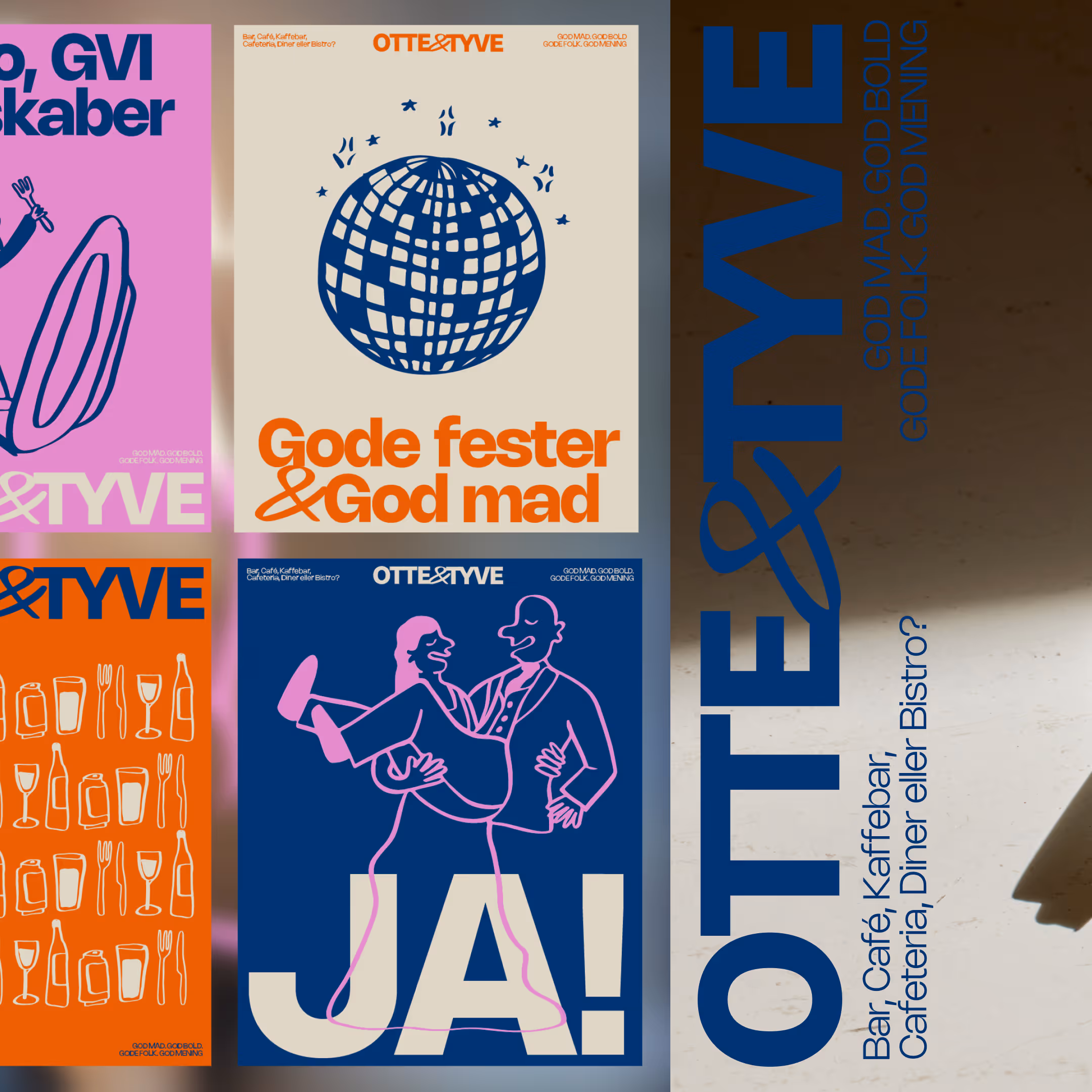 Farverige reklameplakater med tekst og illustrationer, herunder en diskokugle og et par, der danser.