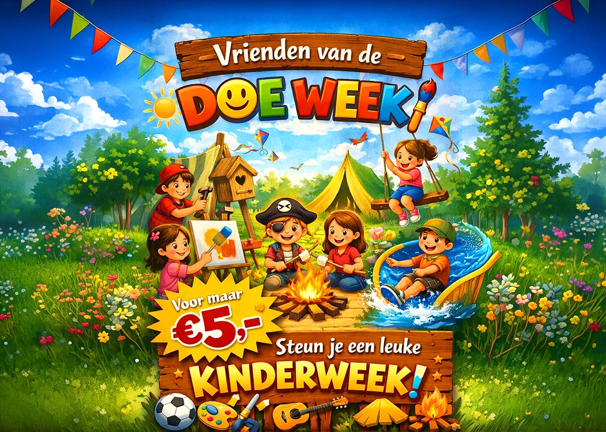 Poster Vrienden van de Doe Week. Word vriend voor een jaar voor slechts 5 euro.