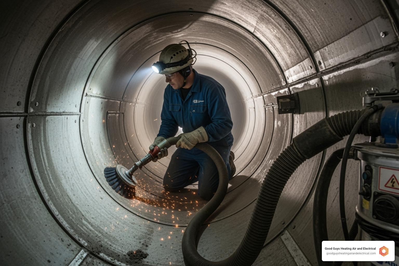 technician using a rotary brush and vacuum system inside an air duct - clean indoor air monroe wa