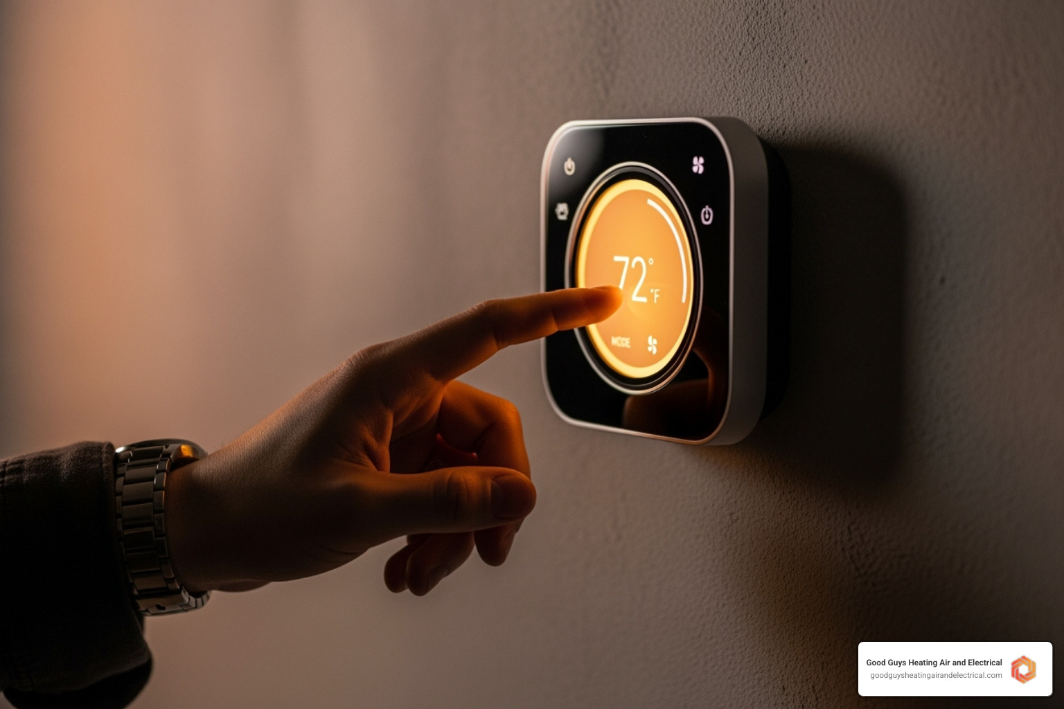 A hand reaching to adjust a sleek, modern smart thermostat mounted on a textured wall, with a soft, warm glow emanating from the screen. - smart heating control monroe wa
