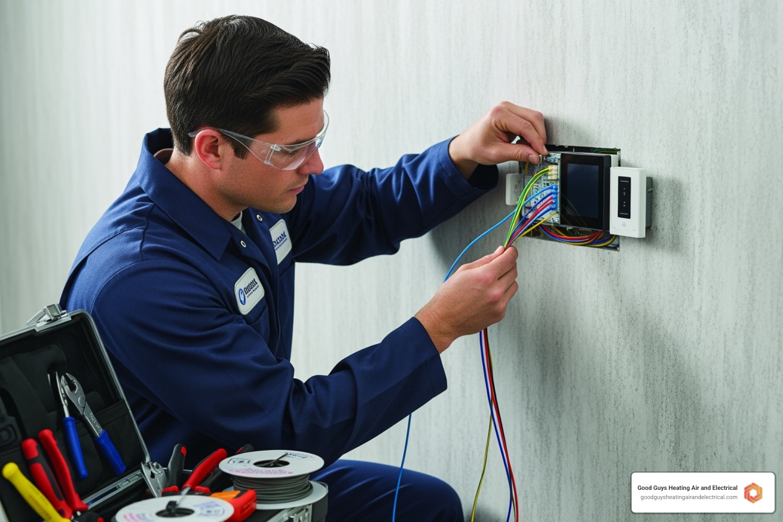 A licensed HVAC technician meticulously connecting wires to a smart thermostat on a wall, ensuring a secure and proper installation. - smart heating control monroe wa