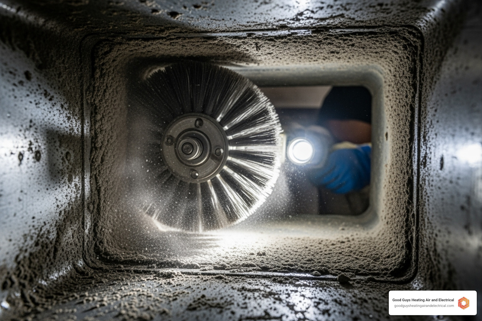 certified technician using a professional rotary brush inside a duct - duct maintenance snohomish wa