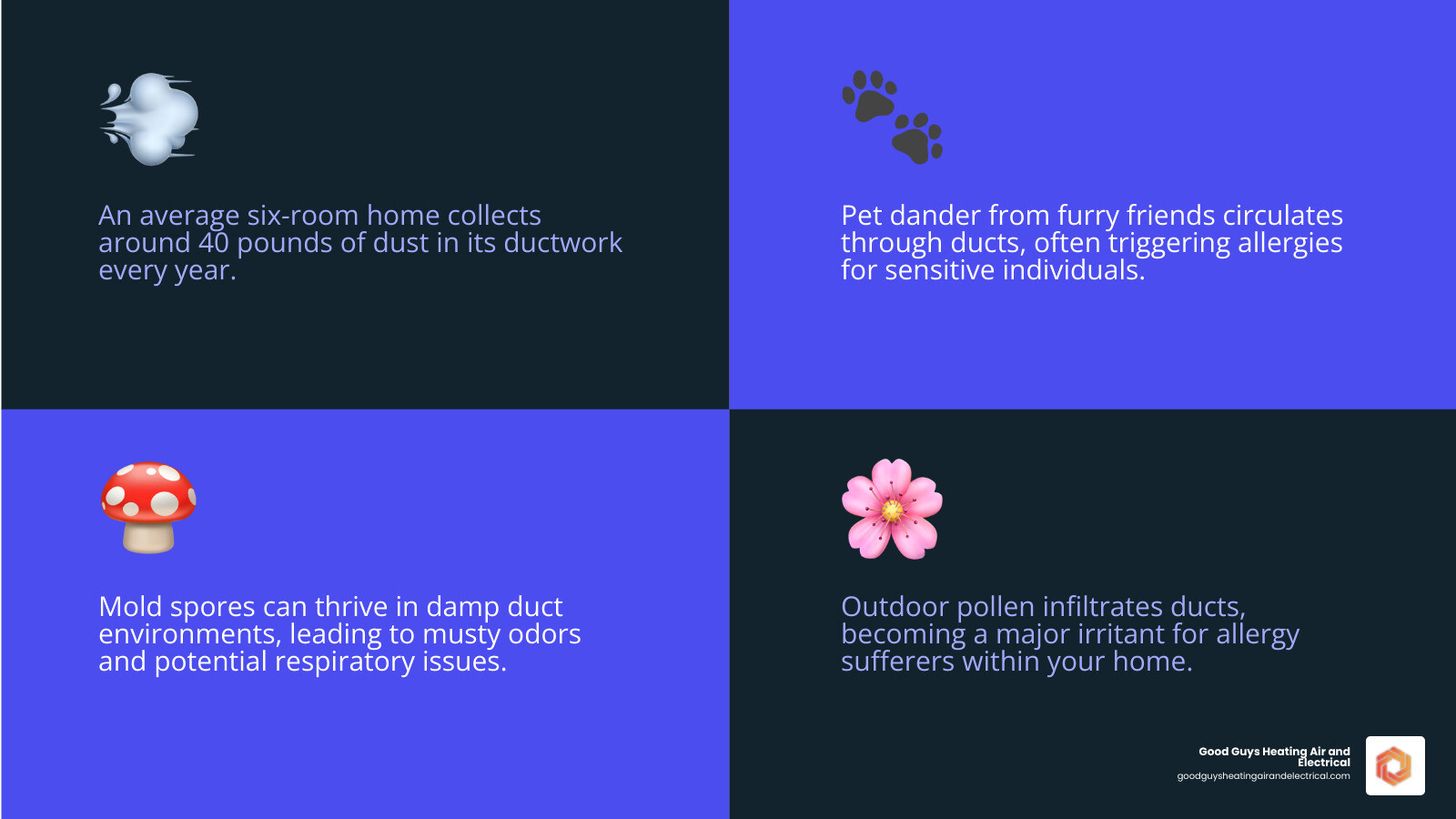 infographic showing common air duct contaminants including dust mites, pet dander, mold spores, pollen, bacteria, and debris, with icons and brief descriptions of health impacts for each - duct maintenance snohomish wa infographic 4_facts_emoji_blue
