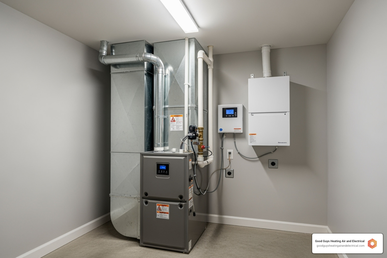 modern high-efficiency furnace next to a ductless mini-split unit - residential heating service marysville wa