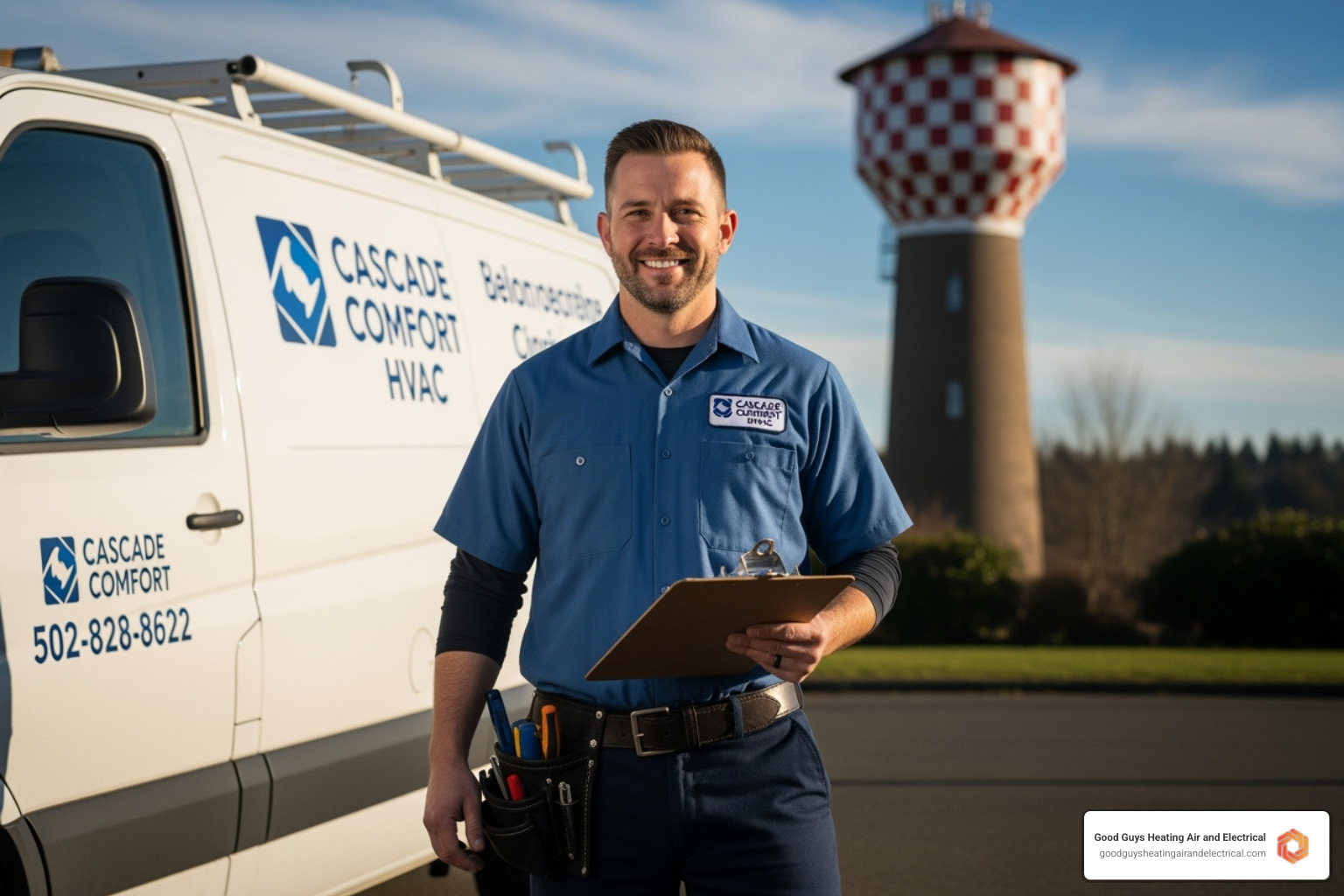 friendly technician in front of a service van with a Marysville landmark in the background - residential heating service marysville wa