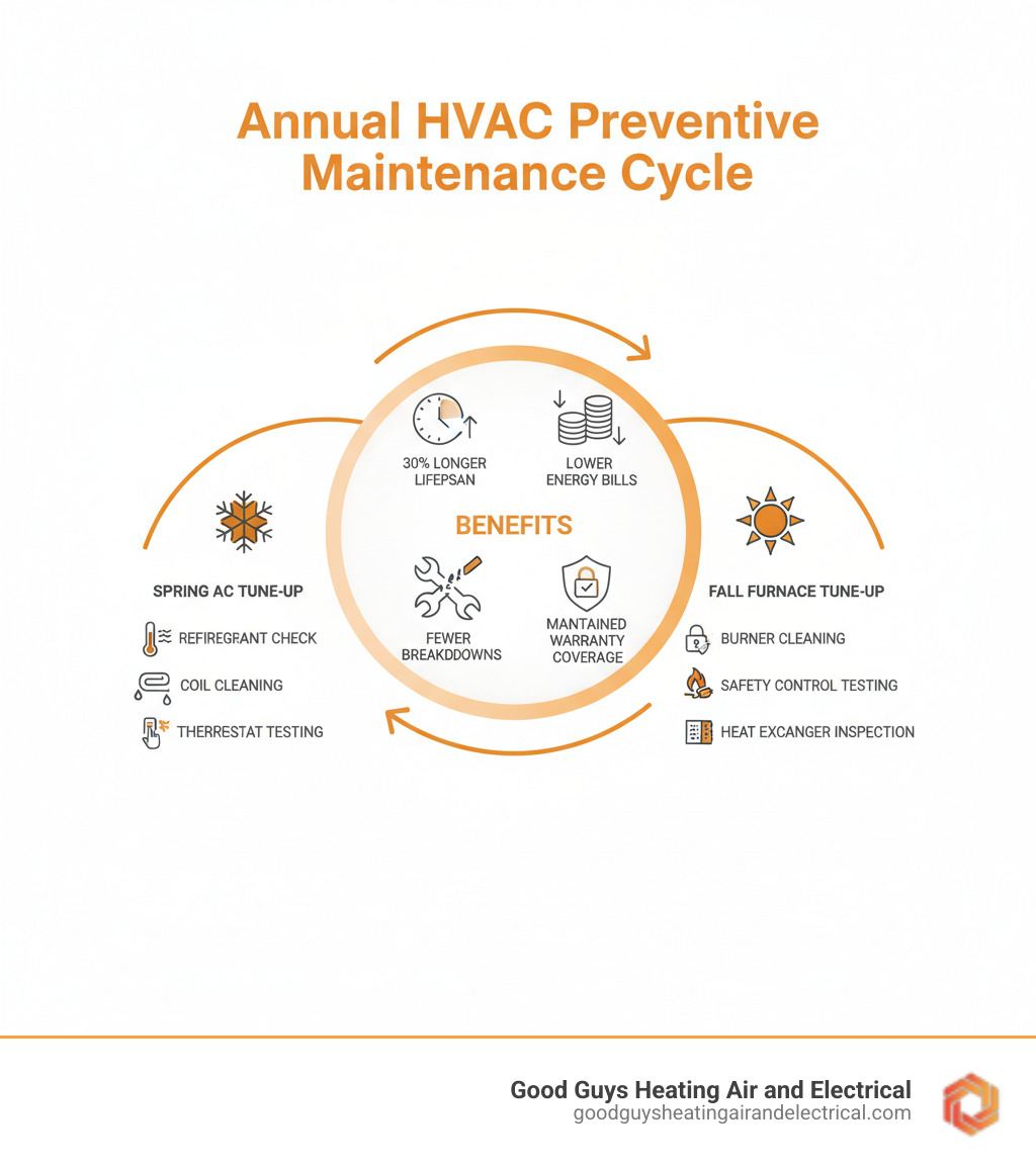 Infographic showing the annual preventive HVAC maintenance cycle: Spring AC tune-up checklist including refrigerant check, coil cleaning, and thermostat testing; Fall furnace tune-up checklist including burner cleaning, safety control testing, and heat exchanger inspection; Benefits in center showing 30% longer lifespan, lower energy bills, fewer breakdowns, and maintained warranty coverage - preventive hvac maintenance snohomish wa infographic 