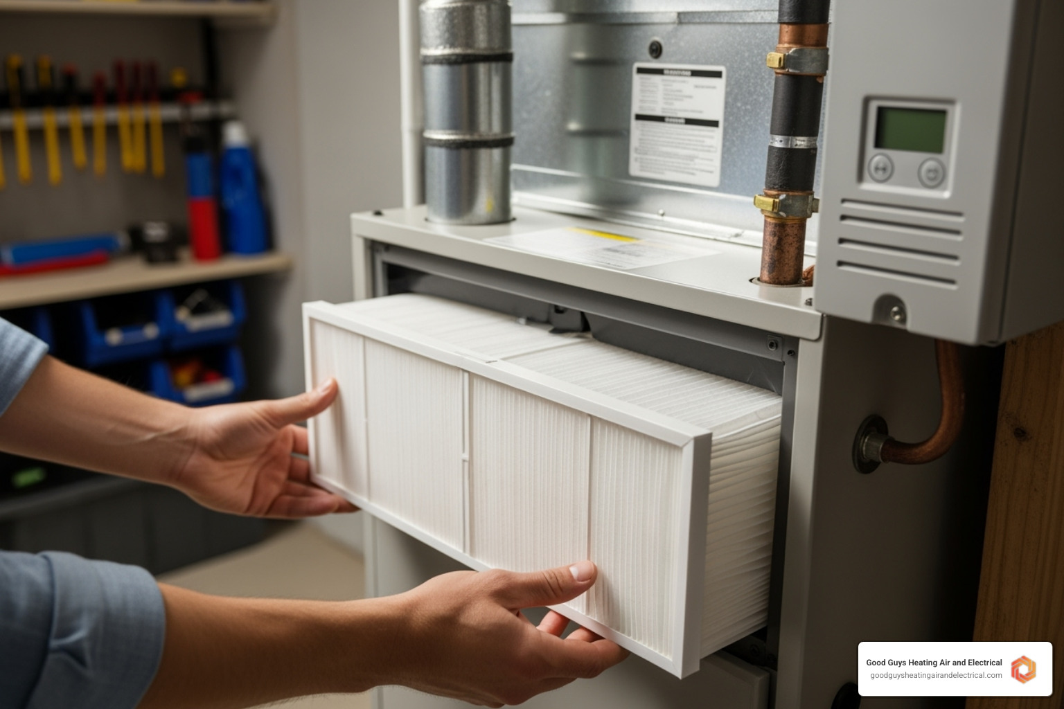 Homeowner sliding a clean new air filter into a furnace - preventive hvac maintenance snohomish wa