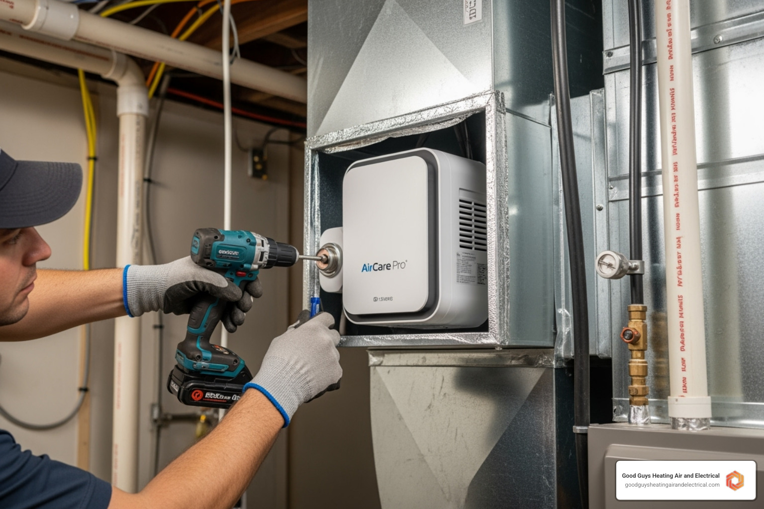 certified technician professionally installing a whole-home air purifier into an HVAC system - air purification services marysville wa