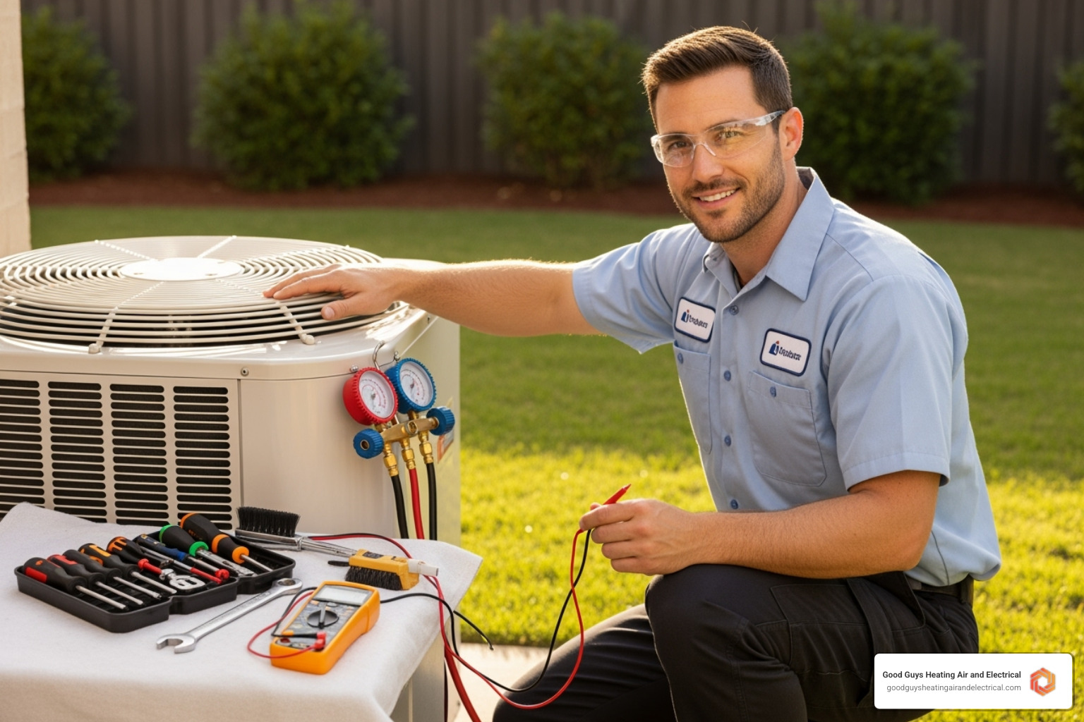 friendly technician performing an AC tune-up - ac troubleshooting snohomish wa friendly technician performing an AC tune-up - ac troubleshooting snohomish wa