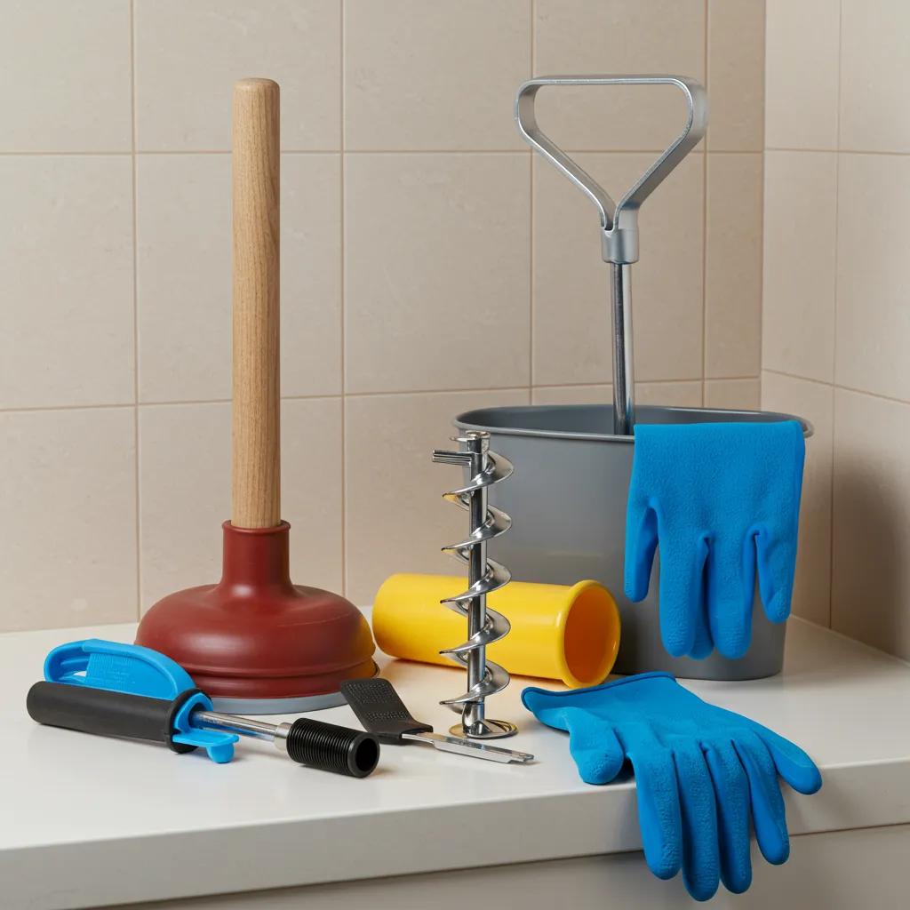 Essential tools for clearing a toilet clog including a flange plunger and drain auger