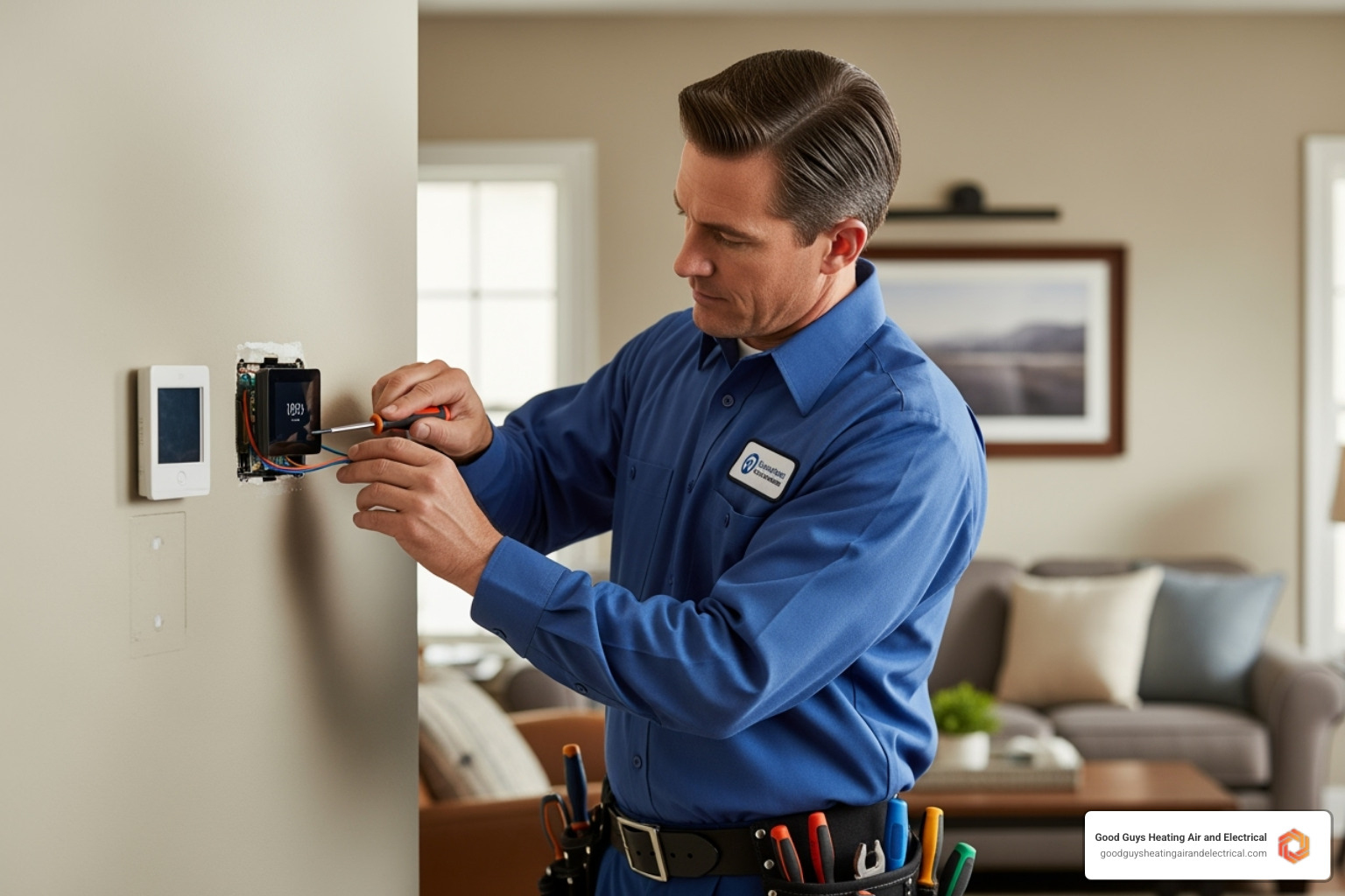 licensed technician from Good Guys Heating Air and Electrical professionally installing a thermostat - thermostat installation everett wa licensed technician from Good Guys Heating Air and Electrical professionally installing a thermostat - thermostat installation everett wa