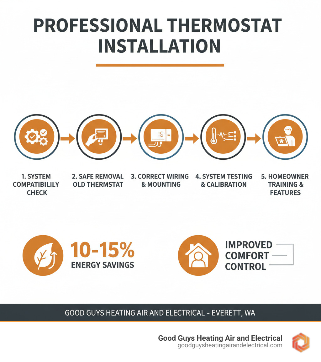 infographic showing how professional thermostat installation works: step 1 system compatibility check, step 2 safe removal of old thermostat, step 3 correct wiring and mounting, step 4 system testing and calibration, step 5 homeowner training on features, with icons showing energy savings of 10-15 percent and improved comfort control - thermostat installation everett wa infographic  infographic showing how professional thermostat installation works: step 1 system compatibility check, step 2 safe removal of old thermostat, step 3 correct wiring and mounting, step 4 system testing and calibration, step 5 homeowner training on features, with icons showing energy savings of 10-15 percent and improved comfort control - thermostat installation everett wa infographic
