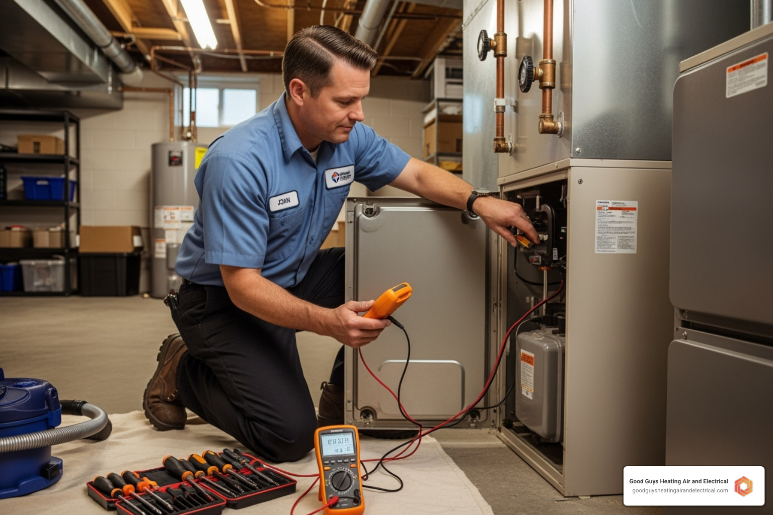 A friendly technician performing a furnace tune-up - heating contractor snohomish wa A friendly technician performing a furnace tune-up - heating contractor snohomish wa