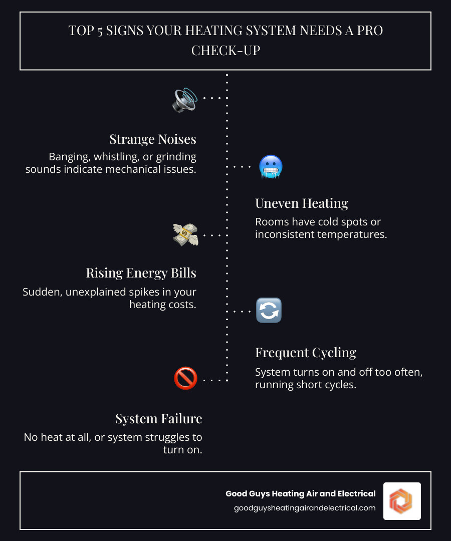 Infographic showing the top 5 signs your heating system needs professional attention: strange noises like banging or whistling, uneven heating with cold spots in rooms, sudden increases in energy bills, frequent on-off cycling, and complete system failure or no heat - heating contractor snohomish wa infographic infographic-line-5-steps-dark Infographic showing the top 5 signs your heating system needs professional attention: strange noises like banging or whistling, uneven heating with cold spots in rooms, sudden increases in energy bills, frequent on-off cycling, and complete system failure or no heat - heating contractor snohomish wa infographic infographic-line-5-steps-dark