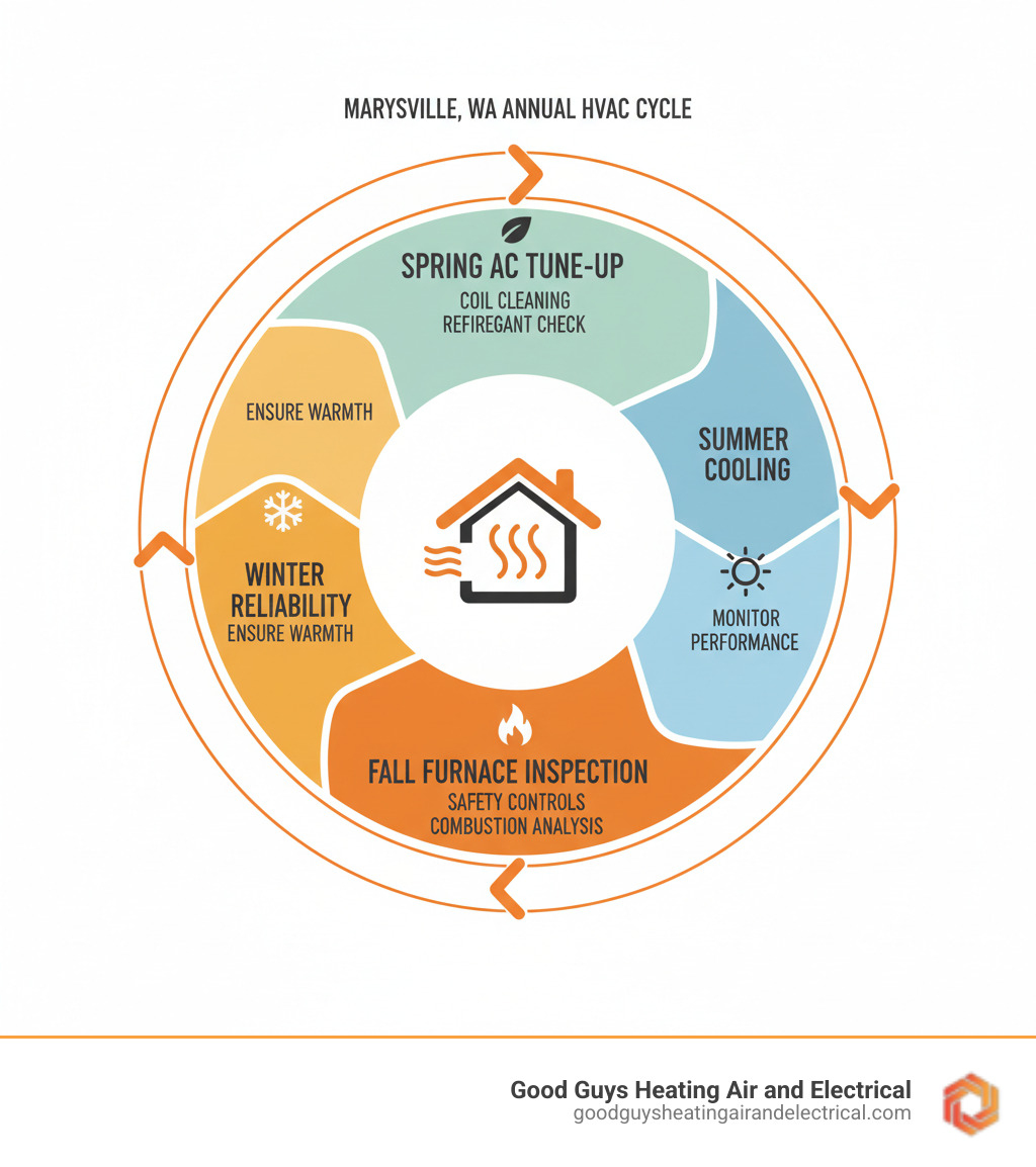 infographic showing the annual HVAC maintenance cycle: spring AC tune-up including coil cleaning and refrigerant check, summer monitoring for efficient cooling, fall furnace inspection including safety controls and combustion analysis, winter heating reliability, with arrows connecting each season in a continuous cycle - hvac annual service marysville wa infographic 