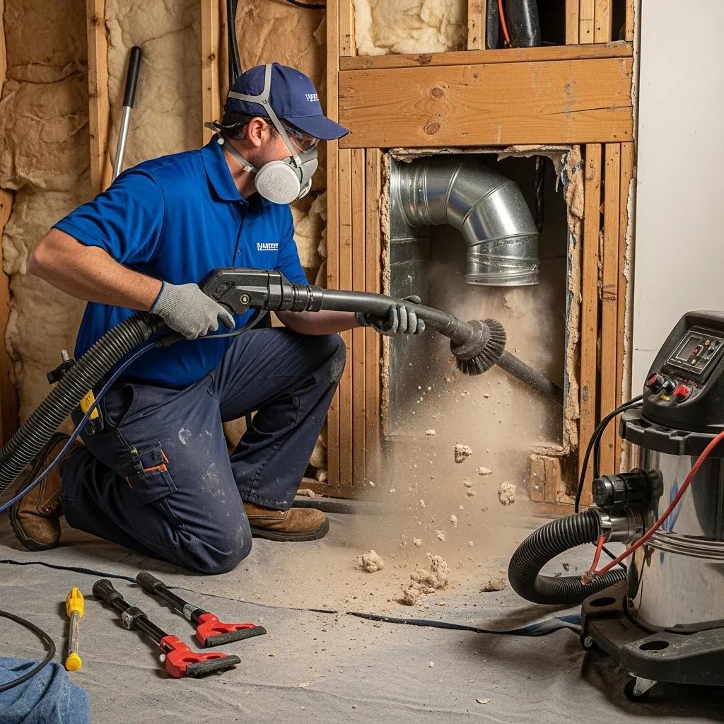 Technician cleaning HVAC ducts in a home, showcasing the duct cleaning process