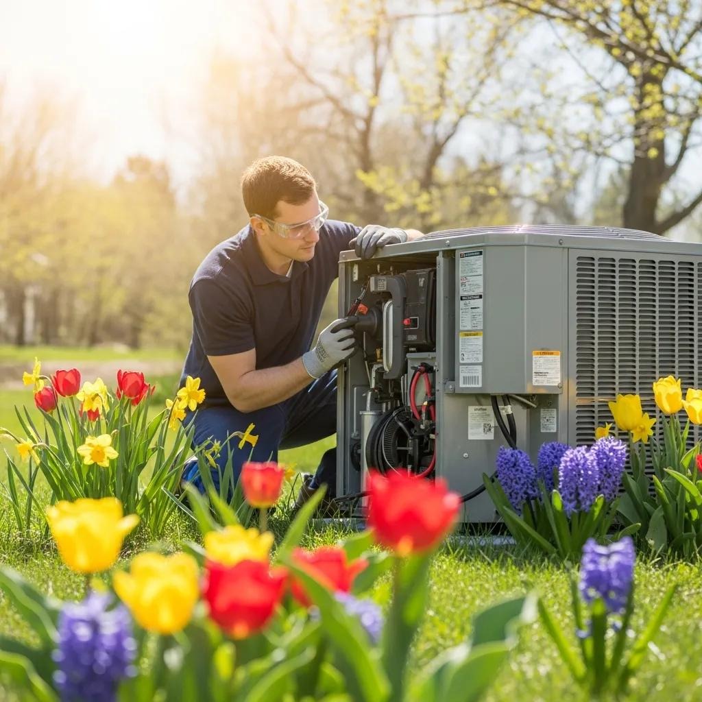 Technician performing HVAC maintenance in spring, surrounded by flowers and greenery
