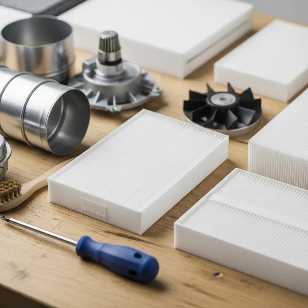 Clean air filters and HVAC tools on a workbench, highlighting maintenance importance