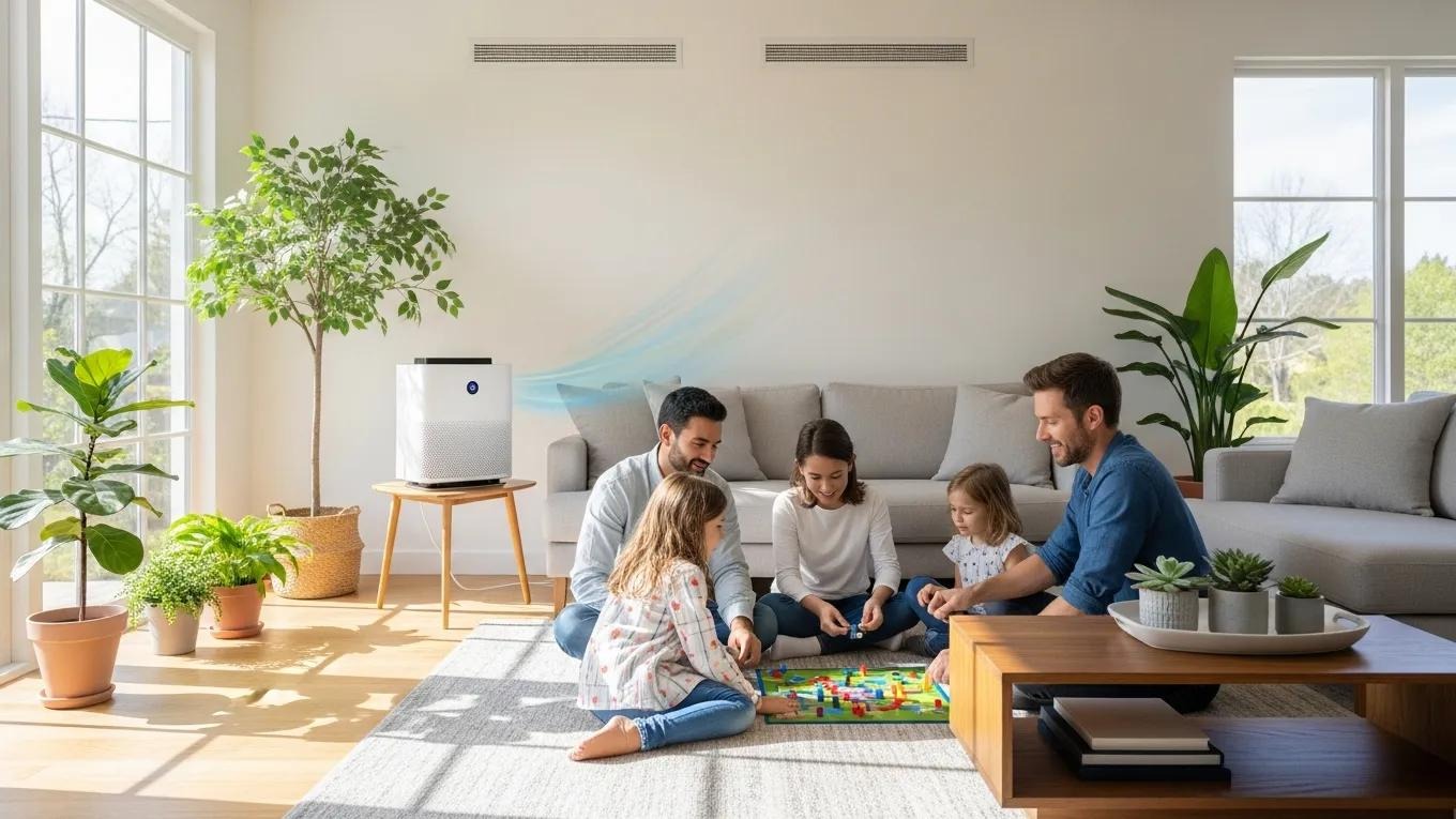 Family enjoying clean indoor air with air purifiers and HVAC systems in a cozy living room