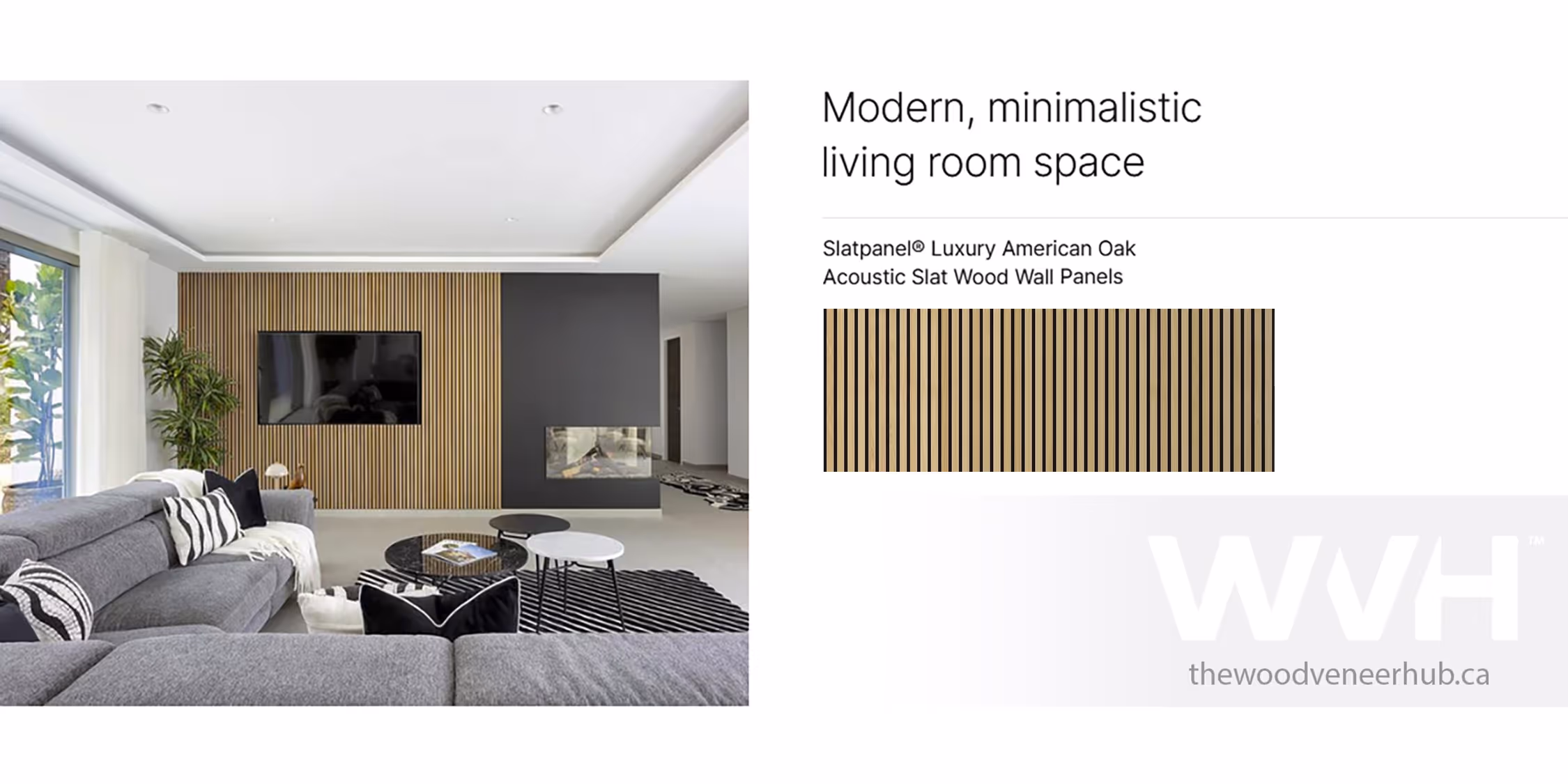 Modern, minimalistic living room space. Slatpanel Luxury American Oak Acoustic Slat Wood Wall Panels