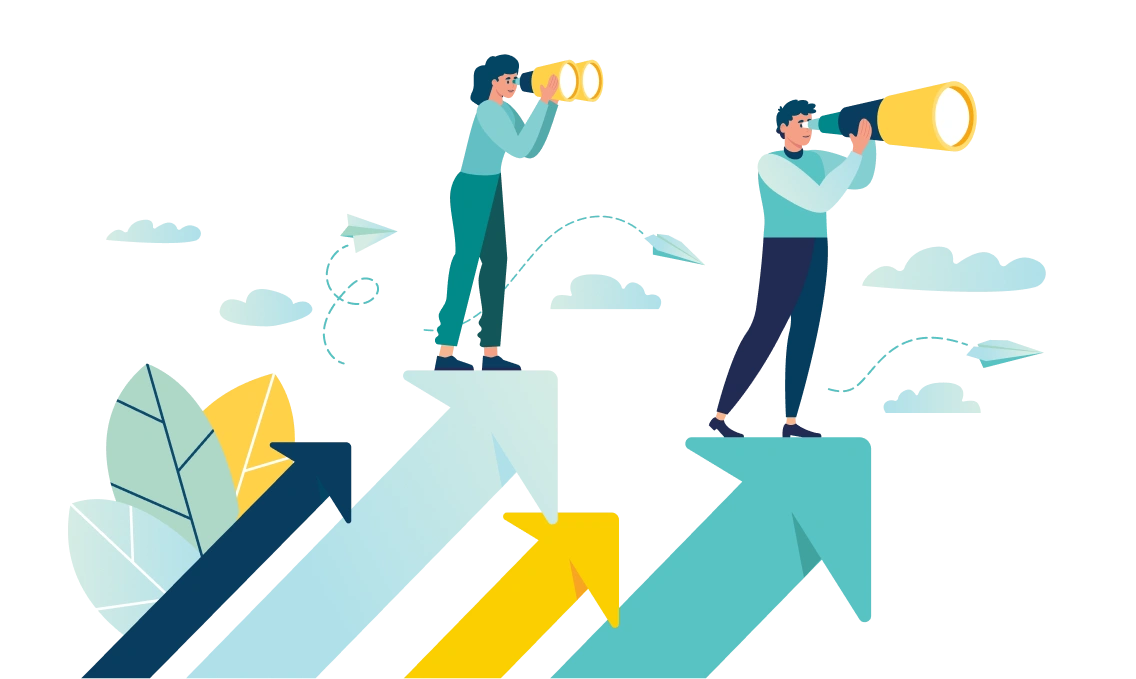 Illustration of two people standing on upward arrows looking through telescopes, symbolizing vision and growth, with paper planes, clouds, and leaves in the background