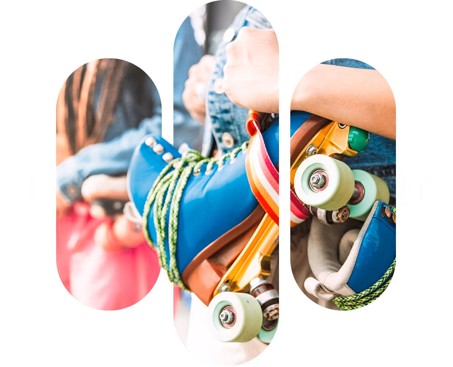 Colorful roller skates with green braided laces and pastel wheels