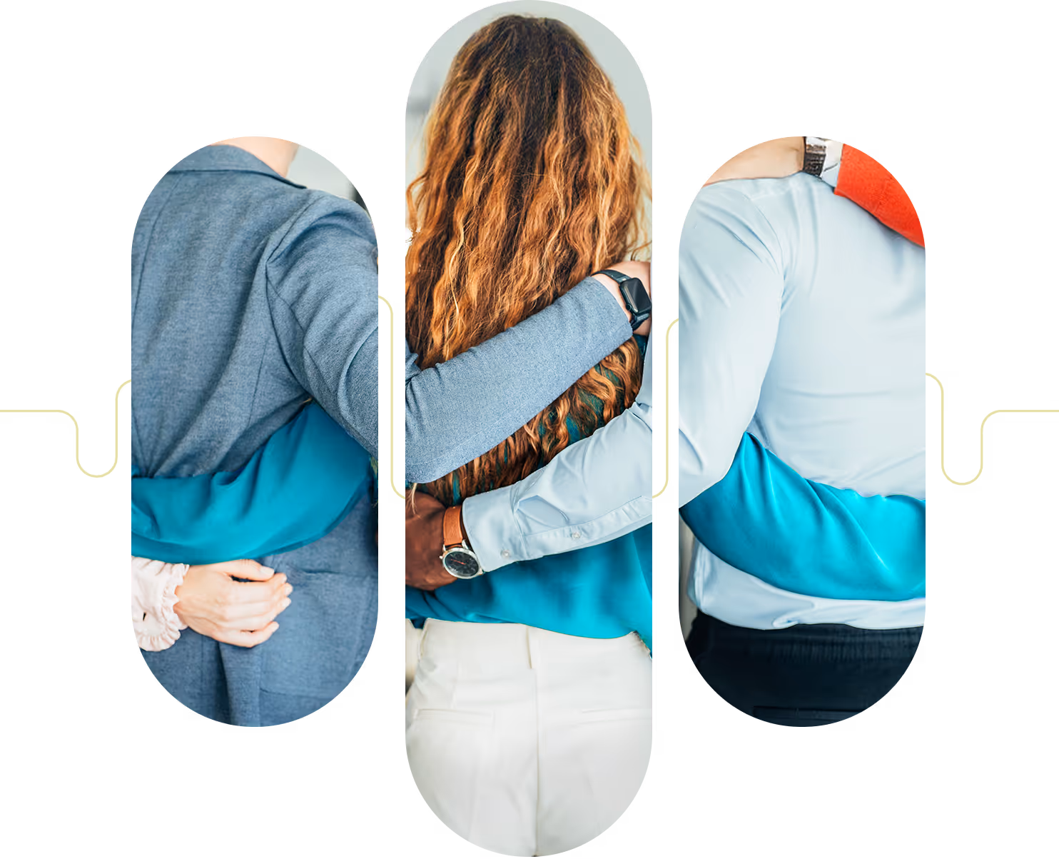 Three people hugging, showing support and connection from different perspectives